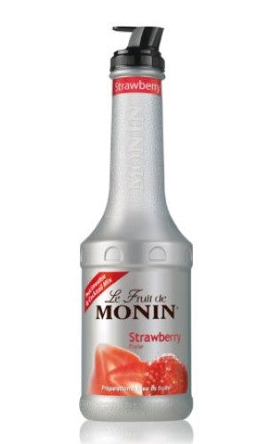 Monin Fruit Puree Strawberry 1L bottle, vibrant and versatile for cocktails, desserts, smoothies, and sauces.