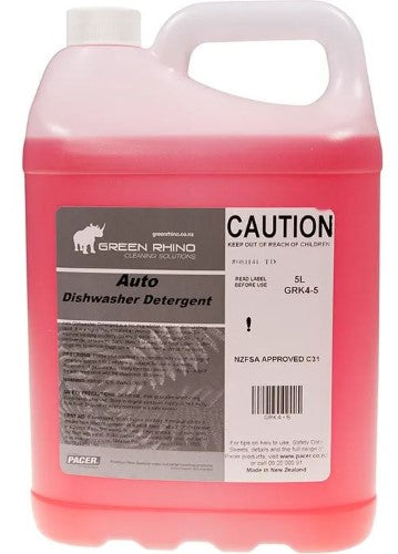 5L bottle of Auto G/Rhino industrial dishwasher detergent for powerful, eco-friendly cleaning in commercial kitchens.