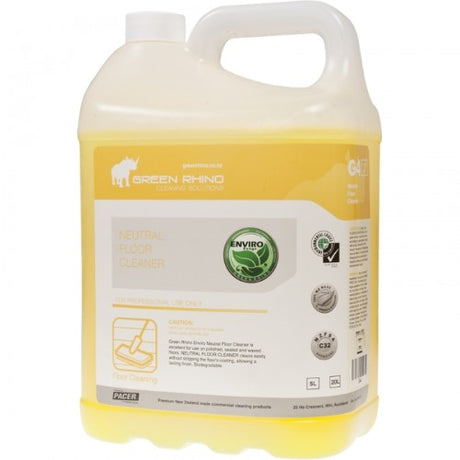 5-liter bottle of Enviro G/Rhino neutral floor cleaner, eco-friendly and safe for various surfaces, ensuring a spotless finish.