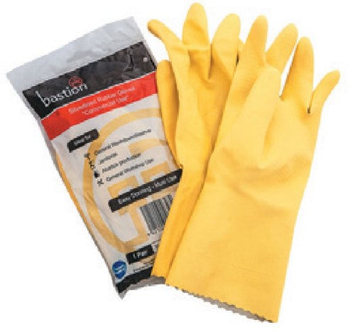 Yellow rubber gloves pack of 12 pairs, large size, durable, chemical-resistant, textured grip for heavy-duty tasks.