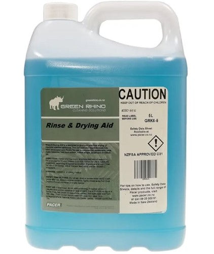 Premium Rinse & Drying Aid Green Rhino 5 Litre bottle, ensures streak-free, sparkling dishes for home and commercial kitchens.