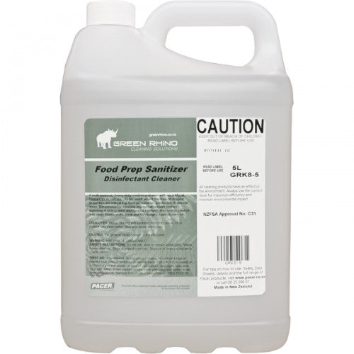 5 litre Green Rhino Food Prep Sanitiser bottle for effective cleaning in kitchens, ensuring food safety and hygiene.