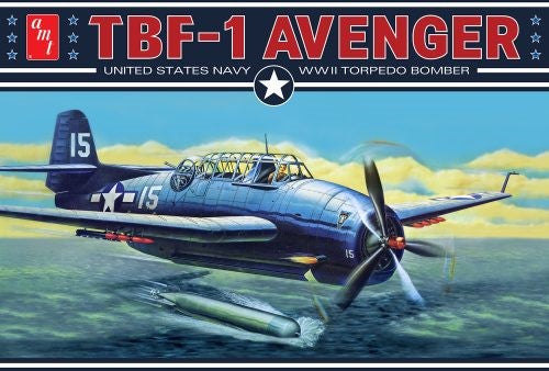 Detailed 1/48 Grumman TBF Avenger model kit featuring retractable gear, crew figures, and colorful decals for WWII enthusiasts.