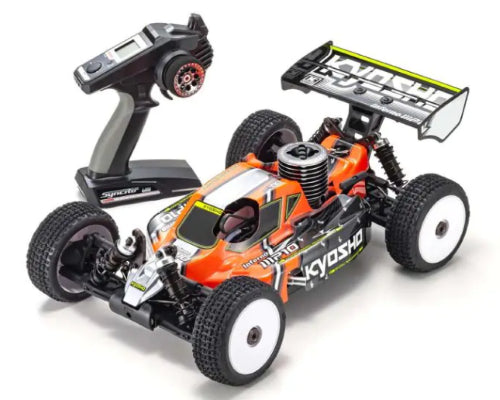 Red GP RS Inferno MP10 radio-controlled buggy showcasing 1/8 scale design, advanced engine, and 4WD for thrilling off-road racing.