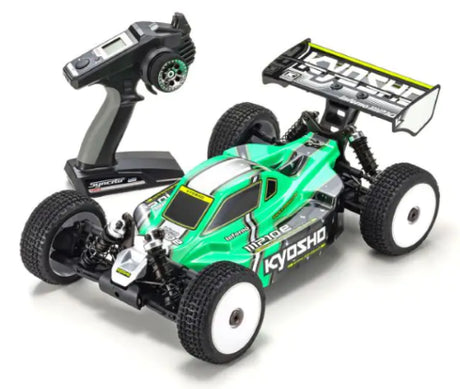 Kyosho EP RS 4WD Inferno MP10e Green racing buggy with brushless motor, 4WD, and pre-painted aerodynamic body for optimal performance.