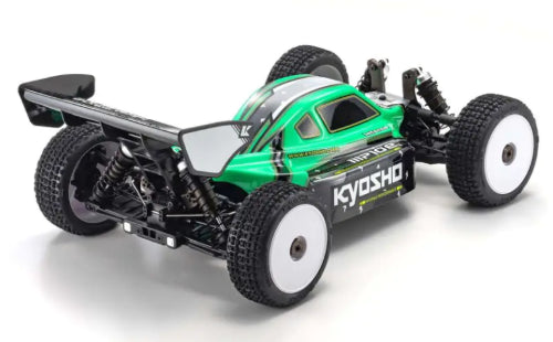 Kyosho EP RS 4WD Inferno MP10e Green racing buggy, featuring 4WD, brushless motor, and superior aerodynamics for high-speed performance.