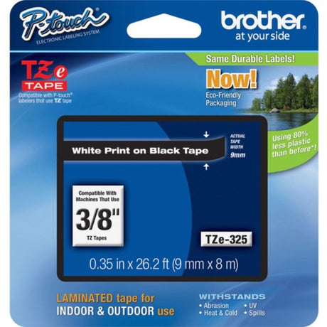 Brother TZ Label Tape Cartridge in 9.53mm, featuring white text on black for durable, clear labeling on various surfaces.