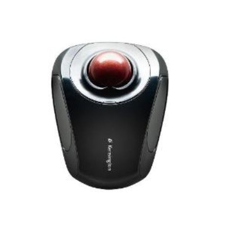 Wireless Kensington Orbit 72352 Trackball in graphite and ruby red, featuring precise centered-ball design and touch scrolling.