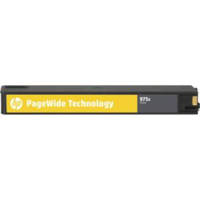 HP 975X Yellow Ink Cartridge for inkjet printers, prints up to 7000 pages with vibrant, precise color quality.