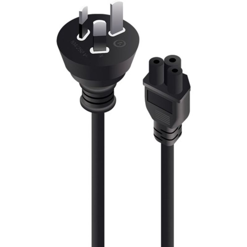 Alogic 1m black power cord for 230V AC/10A, SAA approved, connects laptops and small appliances with clover leaf design.