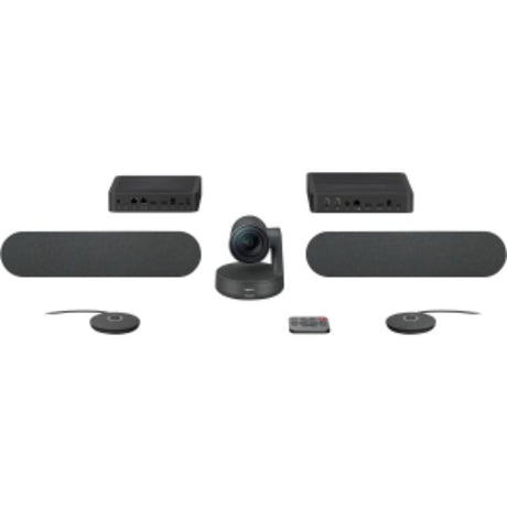 Logitech Rally PLUS ConferenceCam with 4K optics, intelligent framing, and clear audio for seamless video calls in large meetings.