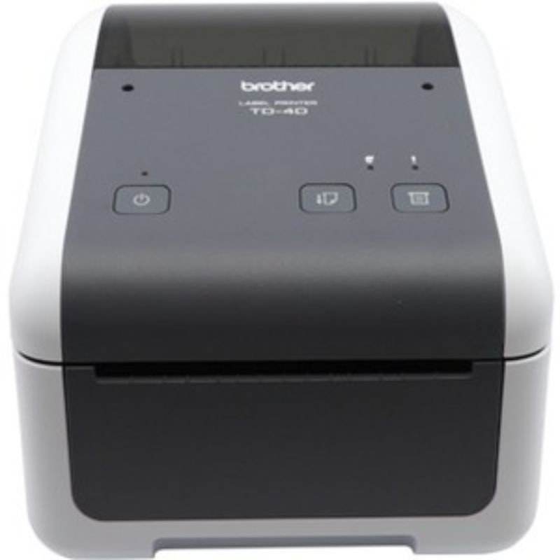 Brother TD-4410D label printer: compact, fast, monochrome print quality at 203 dpi, USB connected for seamless workflow integration.