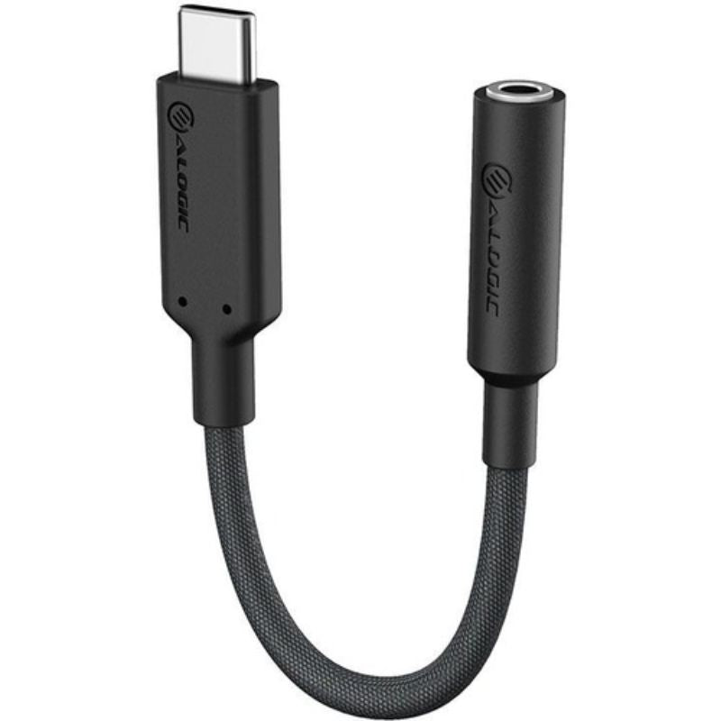 Alogic Elements Pro USB-C to 3.5mm adapter in black, 10cm long, connects USB-C devices to 3.5mm audio devices with mic support.