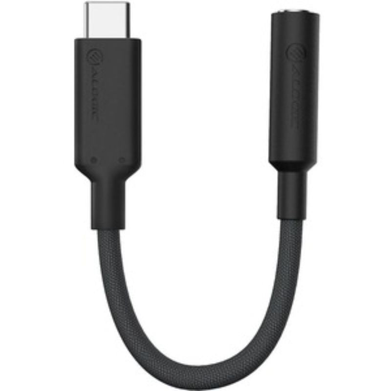 Alogic Elements Pro USB-C to 3.5mm audio adapter in black, 10cm long, connects modern devices to traditional audio peripherals.