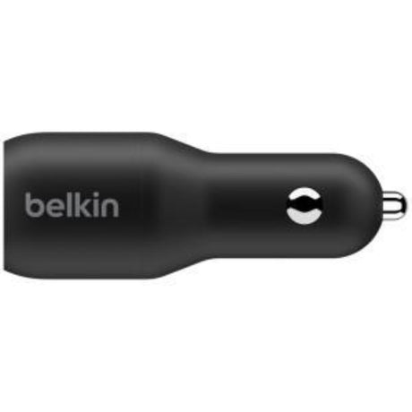 Belkin Auto Adapter with dual USB-C ports for fast charging devices at 18W each, compact design for travel convenience.