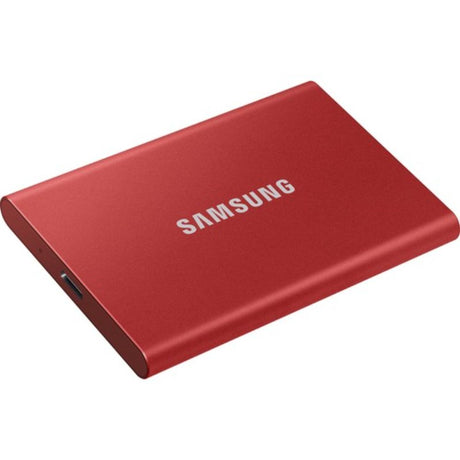 Samsung T7 500GB Portable SSD in metallic red, featuring PCI Express NVMe for fast 1050 MB/s read speeds and 256-bit encryption.