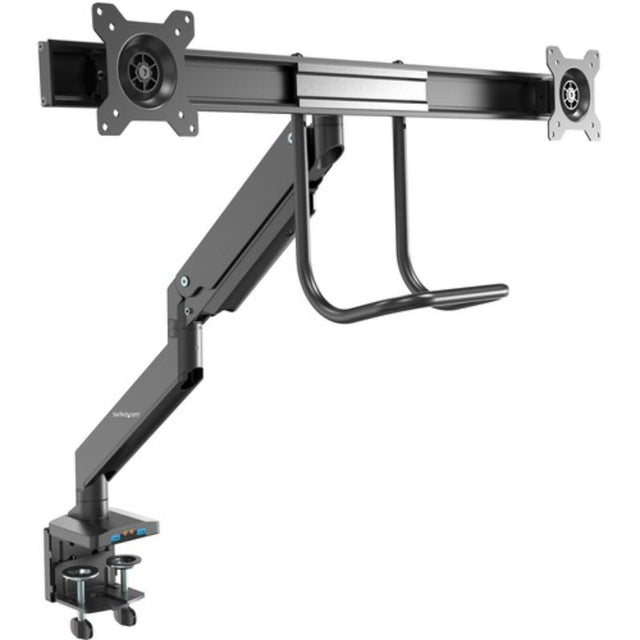 Dual monitor arm with USB and audio, supports 17"-32" monitors, full motion, ergonomic design, and versatile mounting options.