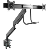 Dual monitor arm with USB and audio features, supports up to 32" displays for ergonomic desk setup and optimal viewing angles.