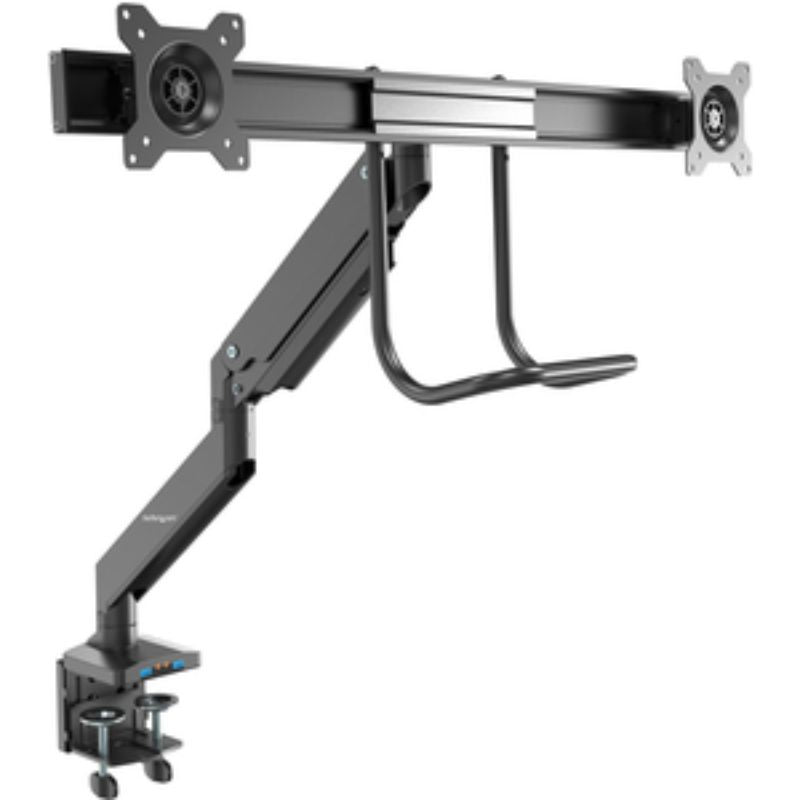 Dual monitor arm with USB ports, supports 17"-32" VESA monitors; features tilt, swivel, and ergonomic design for efficient workspace.