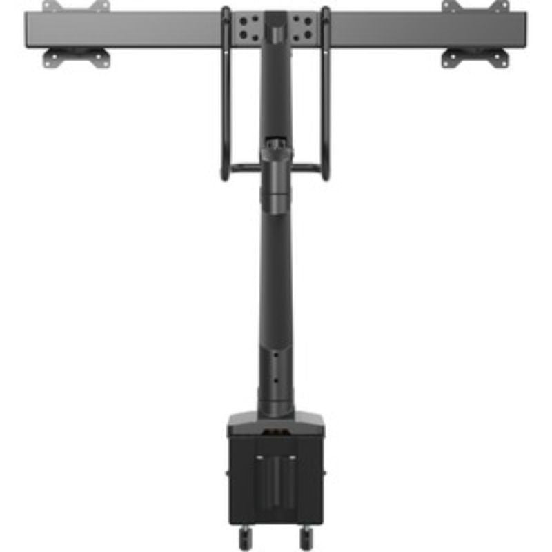 Slim dual monitor arm with USB and audio, supports 17"-32" VESA displays, adjustable height, tilt, and swivel for ergonomic setup.