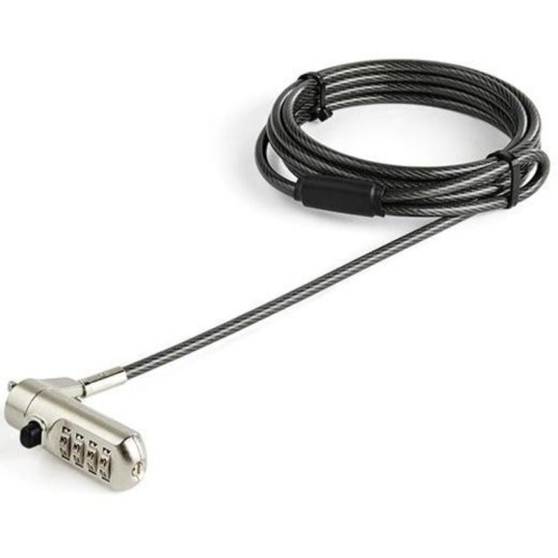 Startech 6ft laptop cable lock with 4-digit combination, vinyl-coated steel for anti-theft protection and Nano slot compatibility.