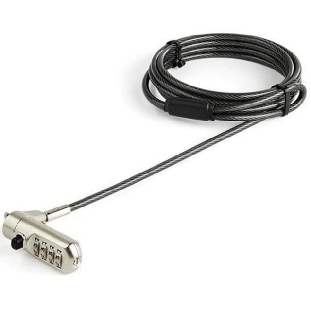 Startech 6ft laptop cable lock with 4-digit combination, vinyl-coated steel for anti-theft protection and Nano slot compatibility.