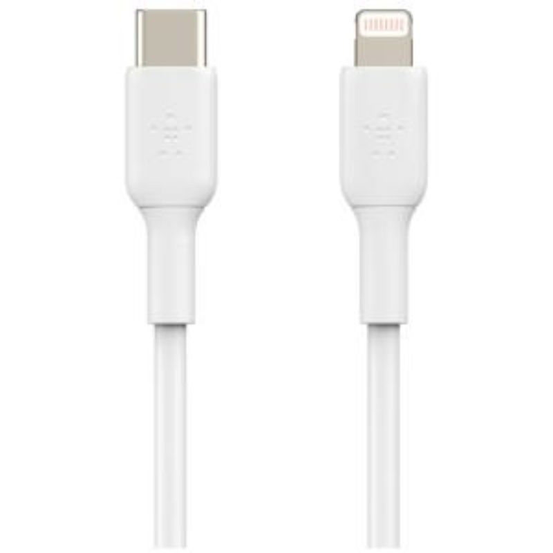 Belkin 1m Lightning to USB-C cable for fast charging and data transfer, MFi certified, sleek white design.