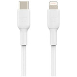 Belkin 1m Lightning to USB-C cable for fast charging and data transfer, MFi certified, sleek white design.