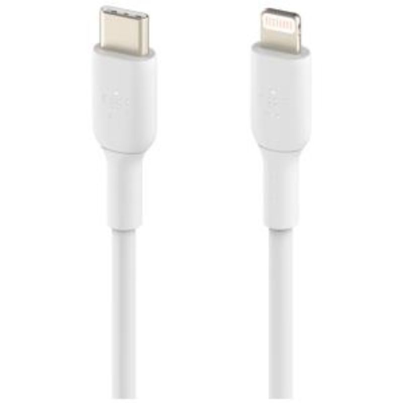 Belkin 1m Lightning to USB-C data transfer cable, MFi certified for fast charging and seamless connectivity in white.