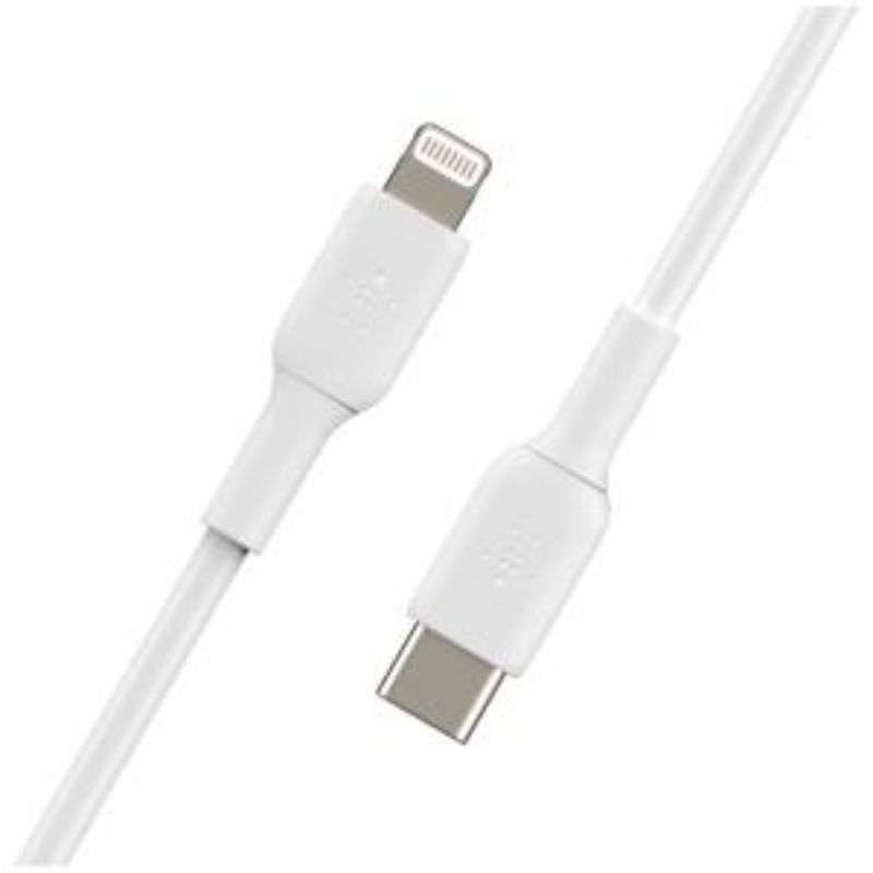 Belkin 1m Lightning to USB-C data transfer cable for fast charging and syncing Apple devices, in sleek white.