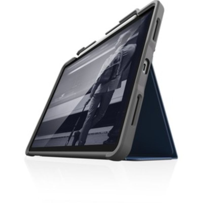 Midnight blue STM Dux Plus case for iPad Air, featuring a transparent back, magnetic closure, and integrated Apple Pencil storage.