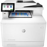 HP LaserJet Enterprise M480f multifunction printer, offering color printing, copying, scanning, and faxing with fast speeds and robust security.