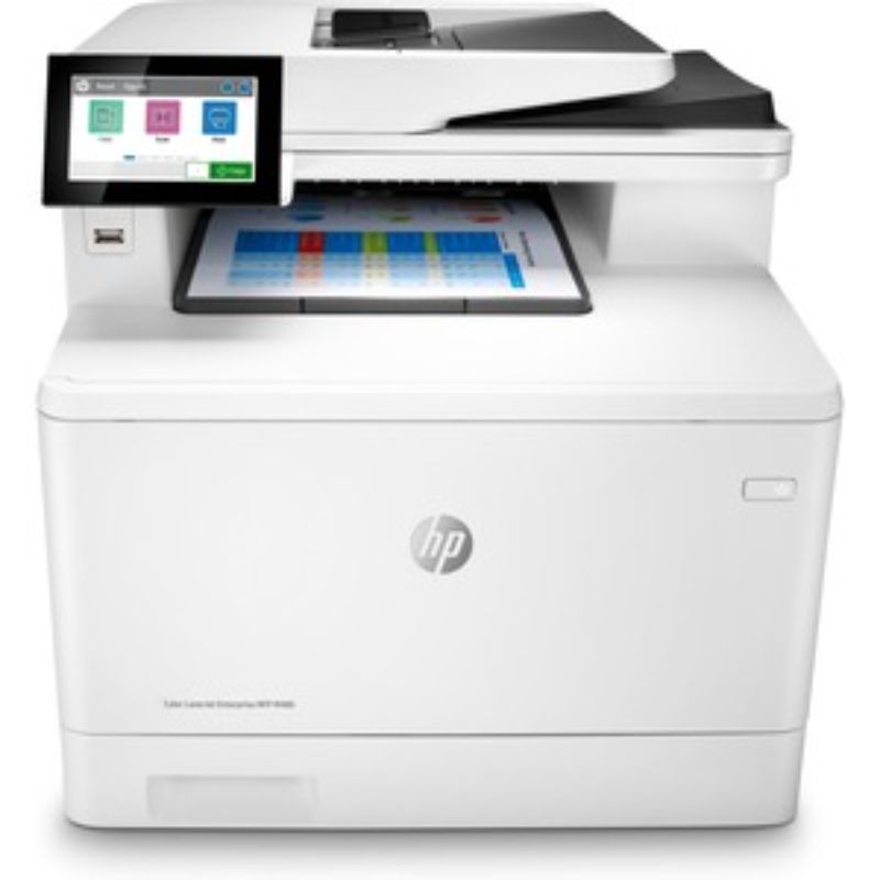 HP LaserJet Enterprise M480f multifunction printer with color printing, scanning, copying, and faxing features.