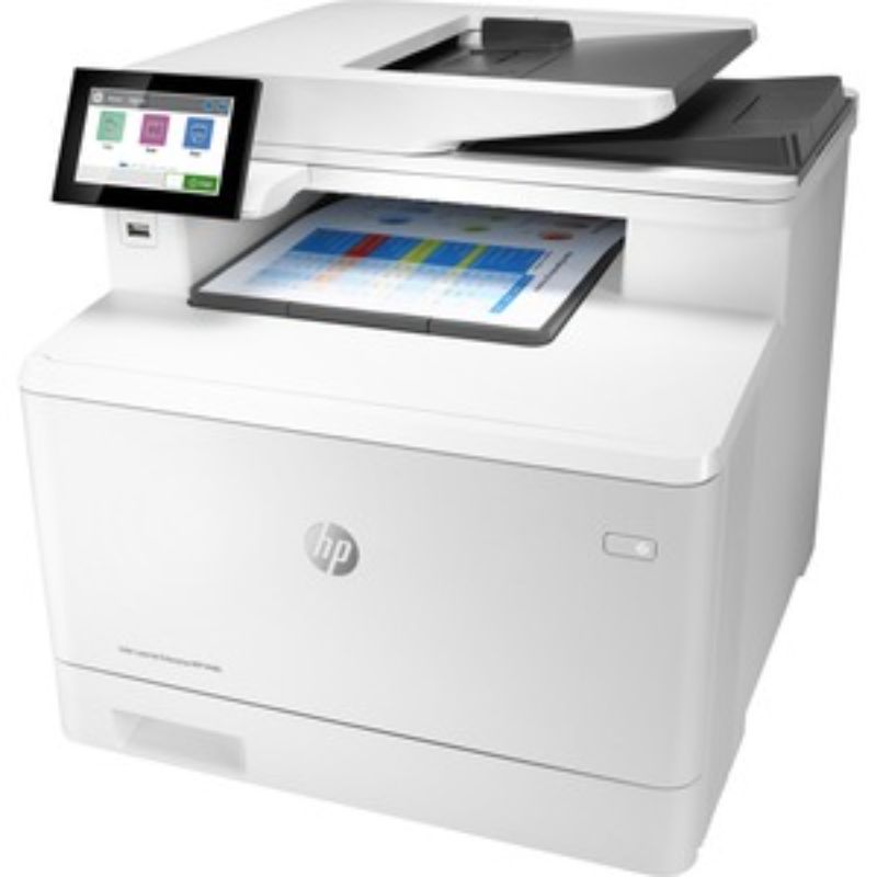 HP LaserJet Enterprise M480f multifunction printer, offering color printing, scanning, copying, and faxing, with high-speed performance.