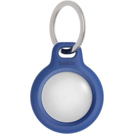 Belkin Secure Holder in blue for AirTag, featuring a twist-and-lock design and sturdy key ring for easy attachment and protection.