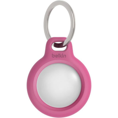 Pink Belkin Secure Holder for AirTag with key ring, featuring twist-and-lock design for scratch protection and stylish access.