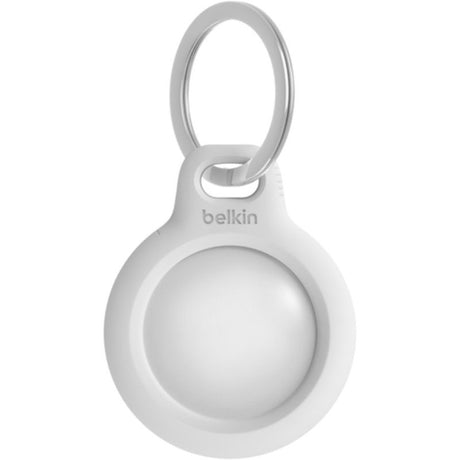 Belkin Secure Holder for AirTag in white with key ring, featuring twist-and-lock design and scratch protection.