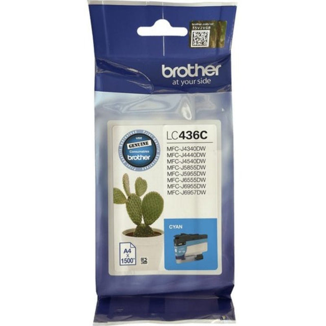 Cyan Brother LC436C ink cartridge for inkjet printers, yields 1500 pages, ensures vibrant, professional-quality prints.