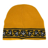 Stylish Maori Taranaki beanie in yellow, black, and white wool; perfect for warmth and comfort in cooler seasons.