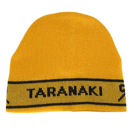 Handcrafted Maori Taranaki beanie in yellow, black, and white wool, perfect for warmth and style in any season.