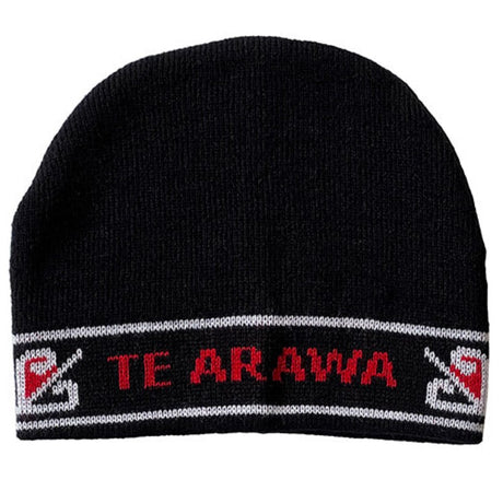 Warm Maori Te Arawa beanie in black, red, and white wool, symbolizing cultural pride and functionality for all seasons.