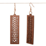 Long wooden earrings with tribal geometric patterns, measuring 93mm in drop length, perfect for daily wear and unique style.