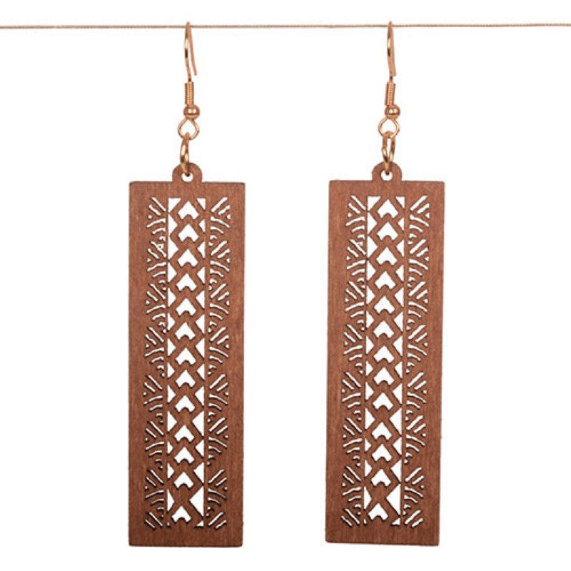 Lightweight long wood earrings with unique tribal geometric pattern, perfect for everyday wear and gift-giving.