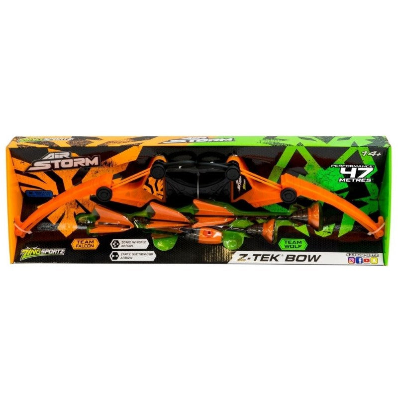 Colorful Air Storm Z-Tek Bow for kids 14+, featuring durable design and safe foam arrows for thrilling outdoor archery fun.