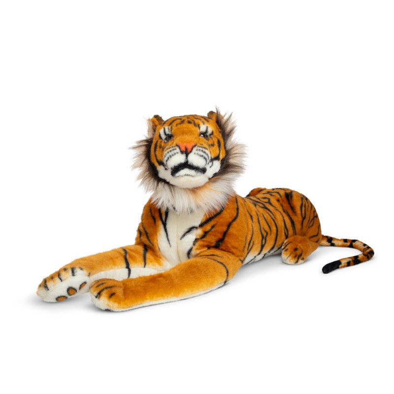 Lifelike 40-inch Melissa & Doug plush Siberian tiger, featuring striking stripes and realistic paws for cuddly adventures.