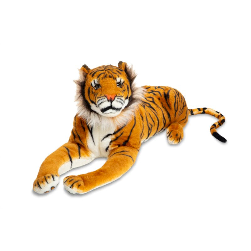 Lifelike 40-inch Melissa & Doug Tiger Plush, featuring realistic stripes and paws, perfect for cuddles and imaginative play.