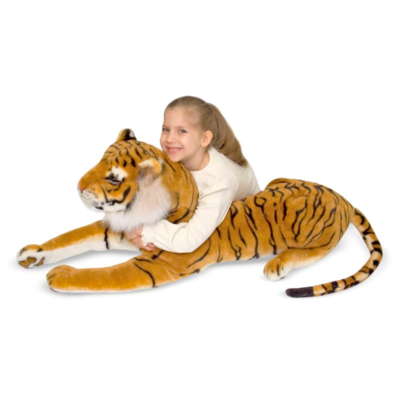 Lifelike 40-inch Siberian tiger plush by Melissa & Doug, showcasing realistic stripes and paws, perfect for imaginative play.