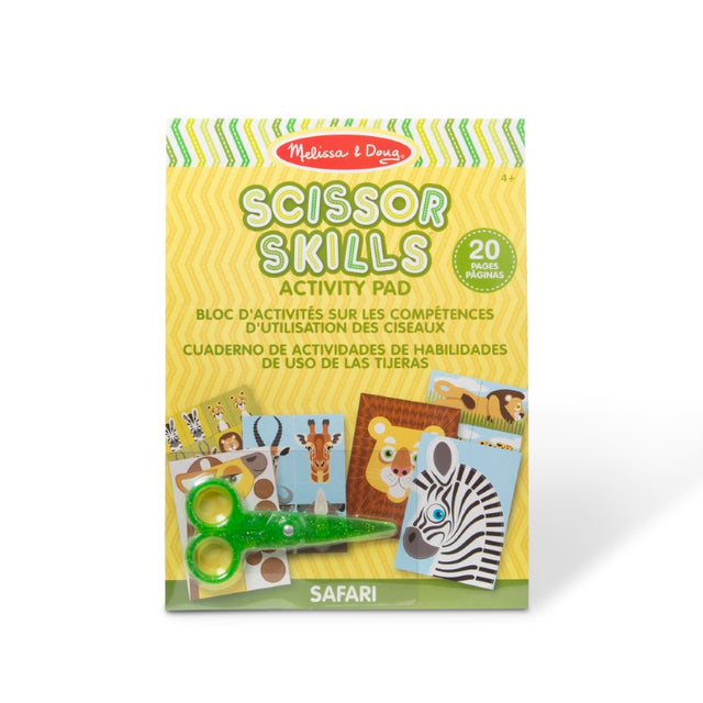 Safari Scissor Skills activity pad for kids, featuring 20 projects to enhance fine motor skills with safe plastic scissors.