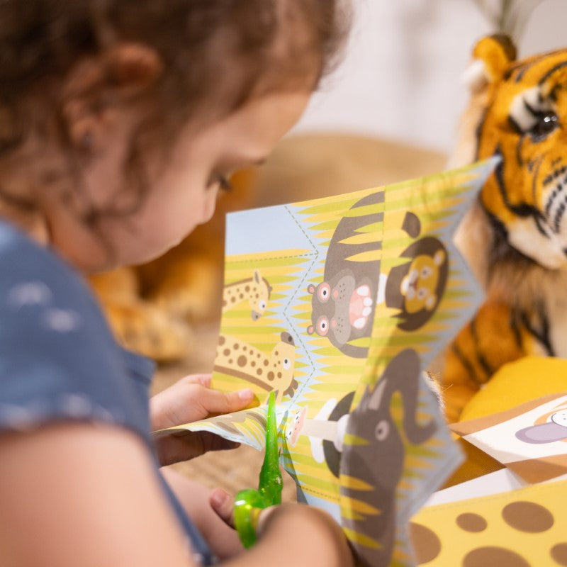 Safari-themed activity pad featuring 20 fun cutting projects for kids to develop fine motor skills and creativity.