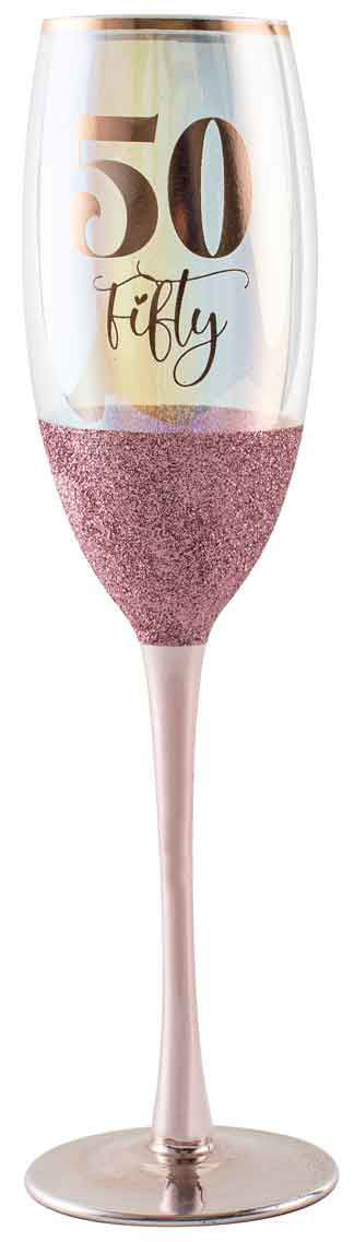 Elegant 50th birthday champagne glass (150ml) with glitterati design, perfect for toasting special occasions.